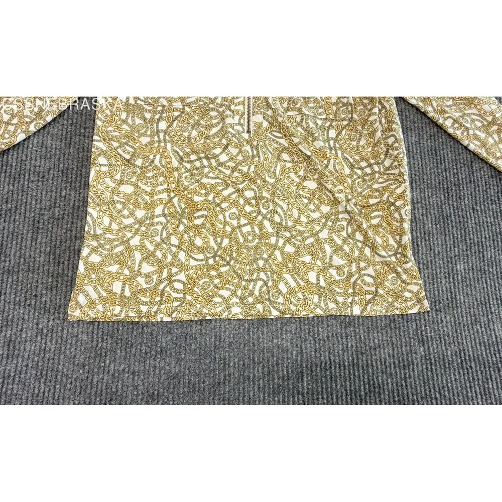 Michael Kors Yellow Women's Blouse Gold Chain Link Print Zip Front Top - Medium